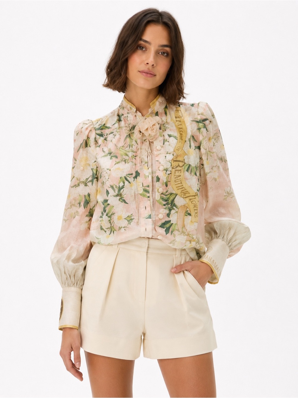 Zimmermann Tama Floral Ramie Button Front Blouse with Flower Neck Tie, Size AU 2
